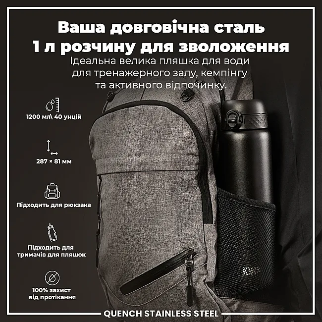 Бутылка для воды металлическая ION8 1200 мл. Stainless Steel, Black