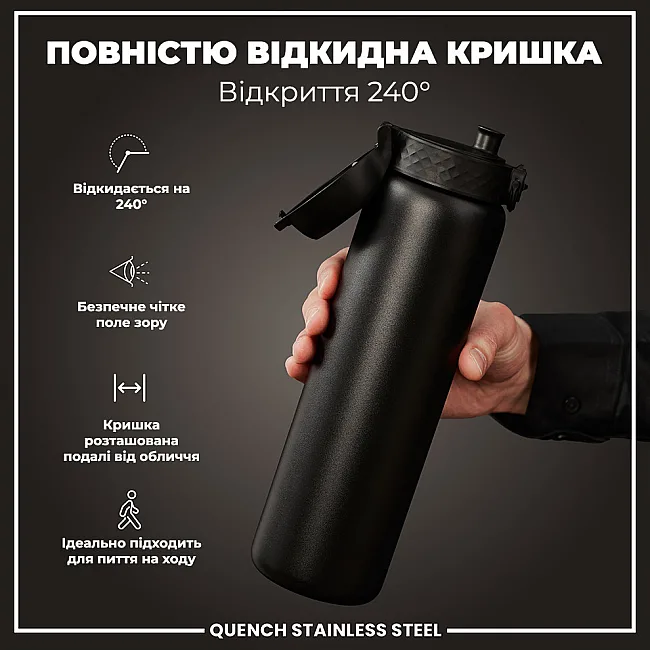 Бутылка для воды металлическая ION8 1200 мл. Stainless Steel, Black