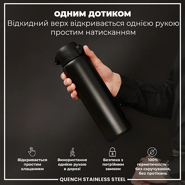 Бутылка для воды металлическая ION8 1200 мл. Stainless Steel, Black