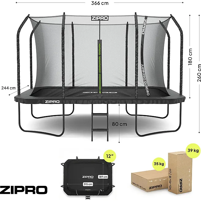 Батут Zipro Jump Pro Quadro с внутренней сеткой 8 х 12 футов 366 x 244 см черный