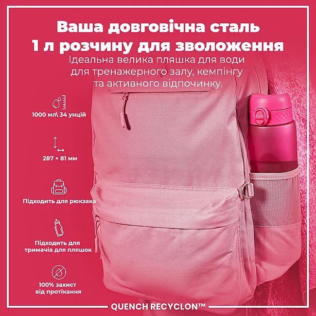 Бутылка для воды ION8 1000мл. (ЭКО бутылка) BPA Free, Pink