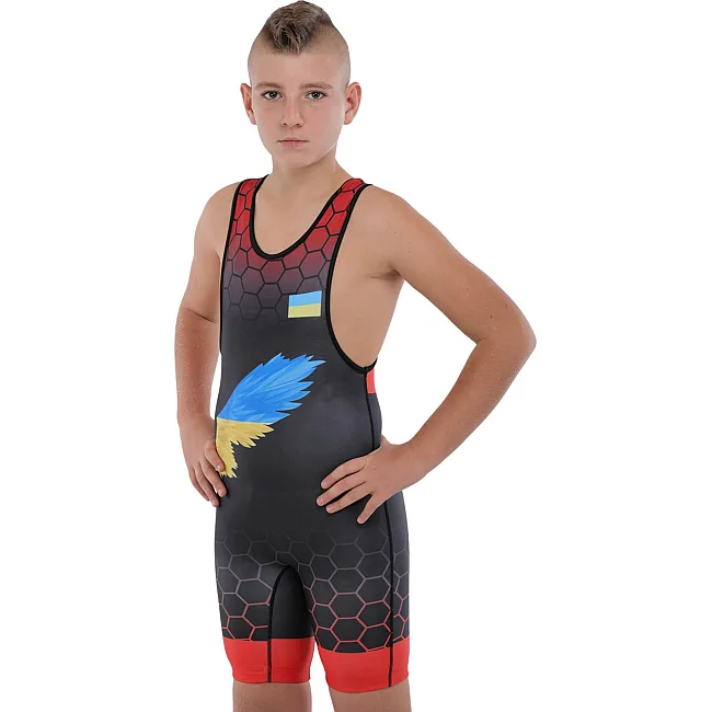 Трико для борьбы детское UKRAINE SP-SPORT JY-6605 128-162см (Черный-красный-желтый)