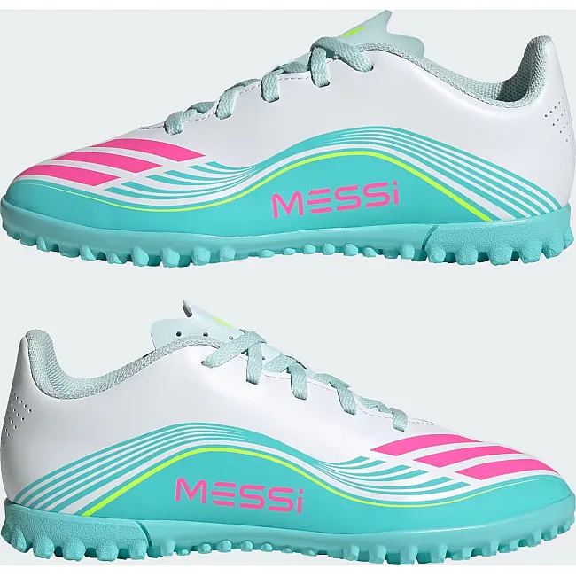 Сороконожки детские ADIDAS F50 MESSI CLUB TF J белый, бирюзовый, розовый (для детей)