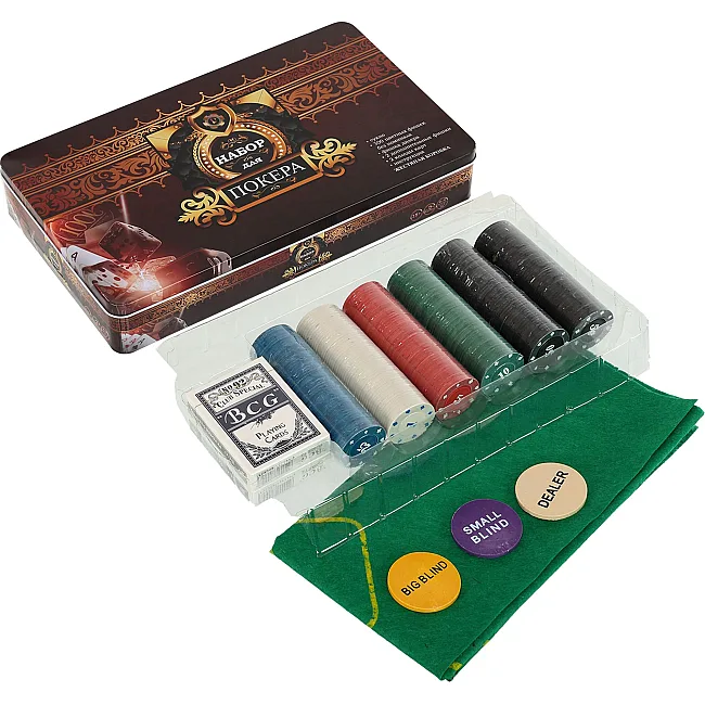 Набор для покера в металлической коробке Poker game set SP-SPORT
 6613K 300 фишек