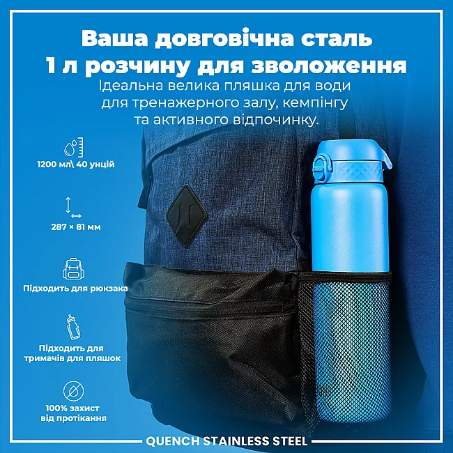 Бутылка для воды металлическая ION8 1200 мл. Stainless Steel, Blue