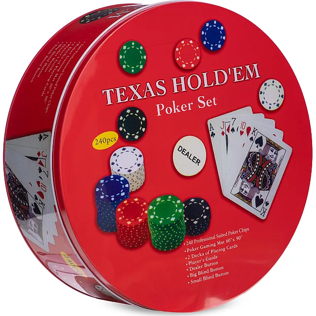 Набор для покера в круглой металлической коробке Texas Holdem Poker set SP-SPORT
 IG-6616 240 фишек