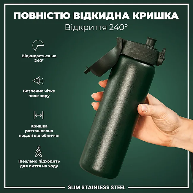 Бутылка для воды металлическая ION8 600 мл. Stainless Steel, Dark Green