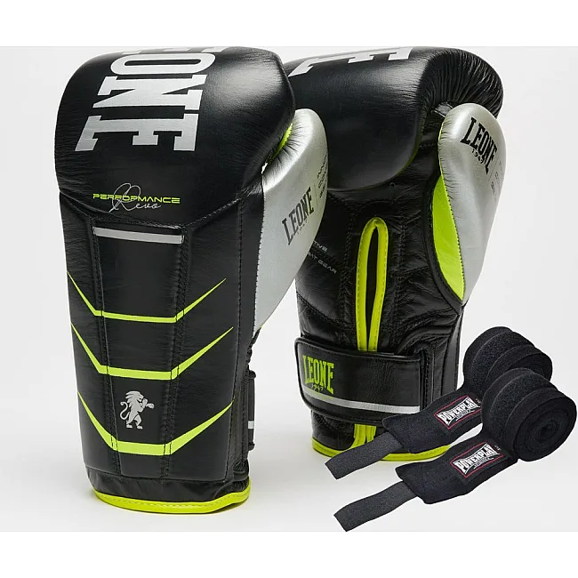 Боксерские перчатки Leone GN110F REVO FLUO Black (бинты 4 м. в комплекте)