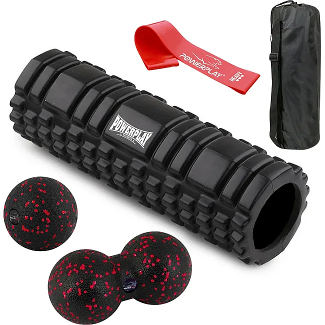 Набор для массажа и йоги PowerPlay PP_4097 (ролик 30*10 + 2-я мячи) Black + резинка 11 кг.