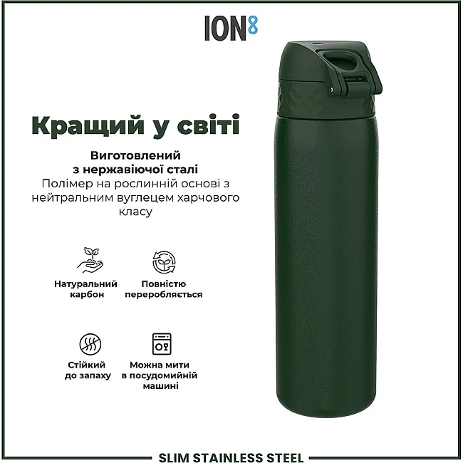 Бутылка для воды металлическая ION8 600 мл. Stainless Steel, Dark Green
