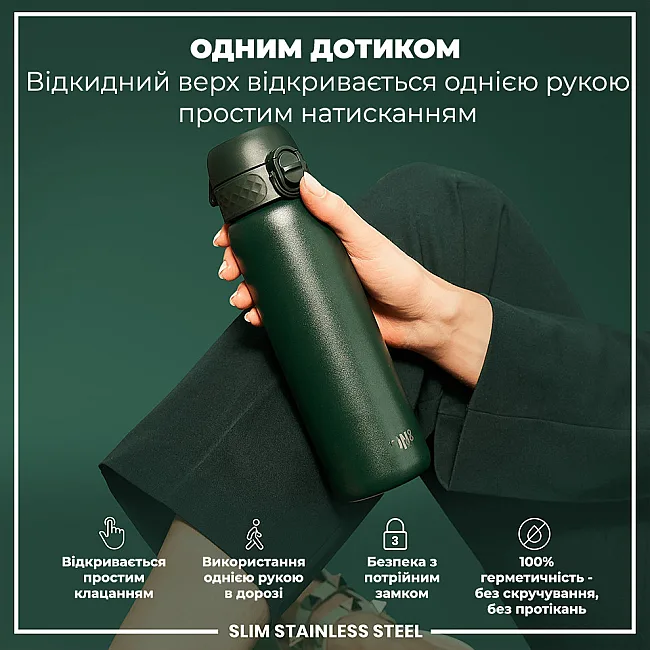 Бутылка для воды металлическая ION8 600 мл. Stainless Steel, Dark Green