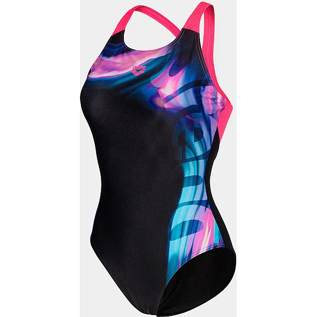 Купальник закритий для жінок Arena DREAMHLINE SWIMSUIT V BACK чорний, фіолетовий, бірюзовій