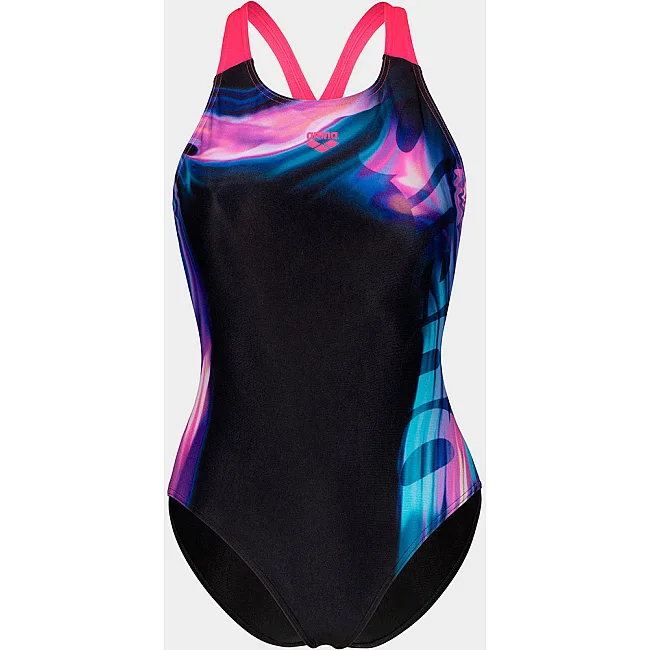 Купальник закритий для жінок Arena DREAMHLINE SWIMSUIT V BACK чорний, фіолетовий, бірюзовій