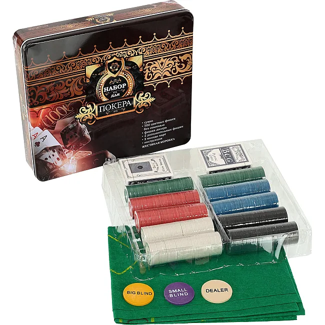 Набор для покера в металлической коробке Poker game set SP-SPORT
 6615K 500 фишек
