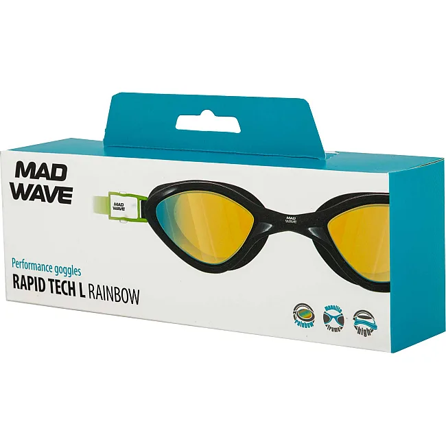 Очки для плавания взрослые радужные линзы MADWAVE
 RAPID TECH L Rainbow M048104 (Черный-зеленый)