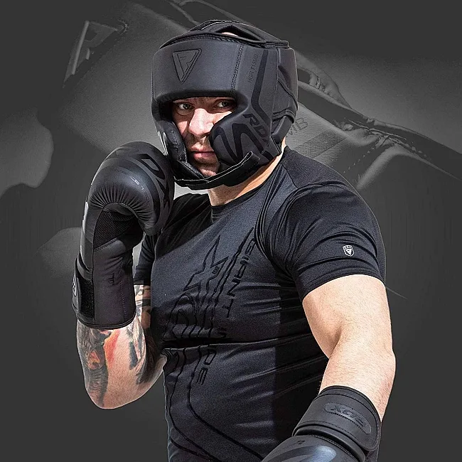 Боксерський шолом RDX T15 Noir Cheek Protector Matte Black (капа у комплекті)