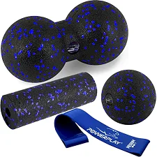 Набір для масажу та йоги PowerPlay PP_4091 EPP (2 м'ячики + валик масажер 15*5,3 см.) Blue + резинка 7,5 кг.
