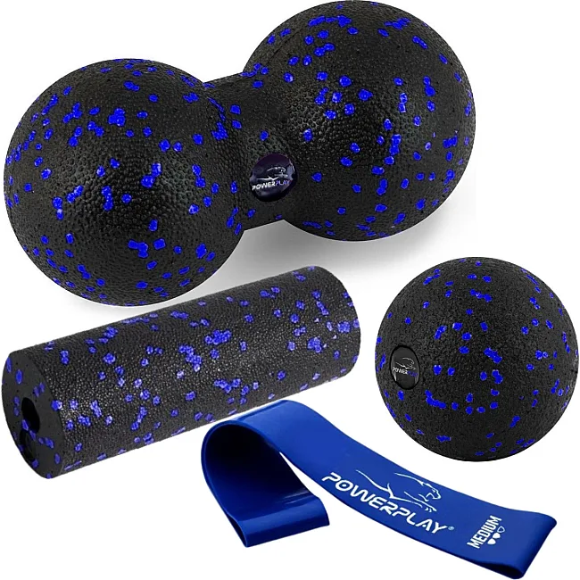 Набор для массажа и йоги PowerPlay PP_4091 EPP (2 мячика + валик массажер 15*5,3 см.) Blue + резинка 7,5 кг.