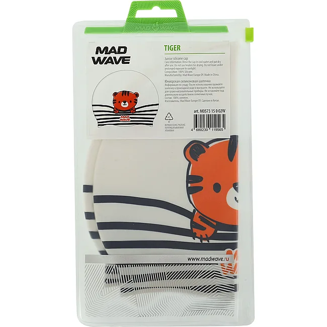 Шапочка для бассейна
 силиконовая юниорская MADWAVE
 Junior TIGER M057315 (Белый)