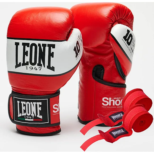 Боксерские перчатки Leone GN047 SHOCK Red (бинты 4 м. в комплекте)