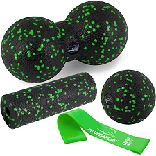 Набір для масажу та йоги PowerPlay PP_4091 EPP (2 м'ячики + валик масажер 15*5,3 см.) Green + резинка 5.5 кг.