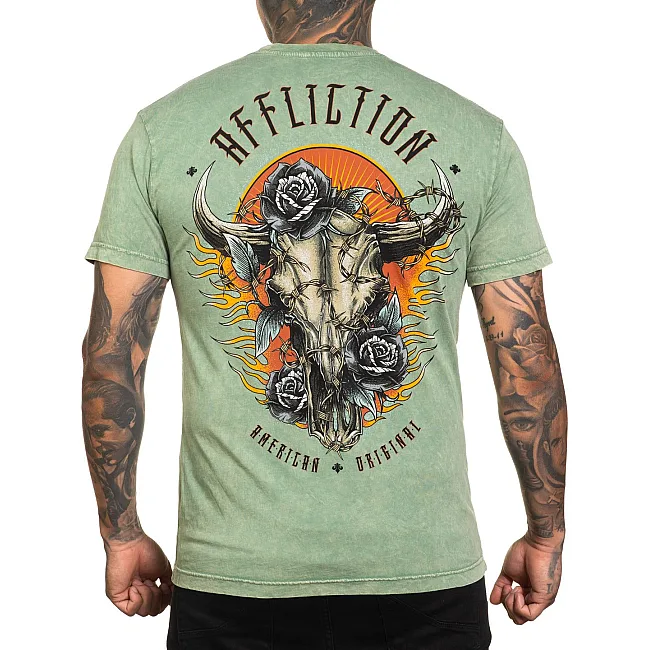 Футболка мужская AFFLICTION Dakota Fire Reversible Tee Oil Green Lava Wash