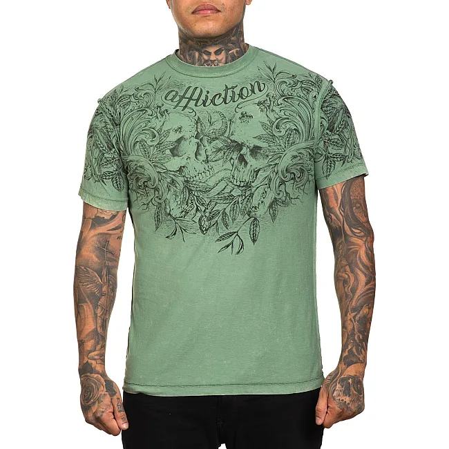 Футболка мужская AFFLICTION Dakota Fire Reversible Tee Oil Green Lava Wash