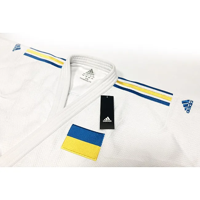 Кимоно для дзюдо Adidas Champion 2 с лицензией IJF (белый/сине-желтые полосы, J-IJF-SMU)