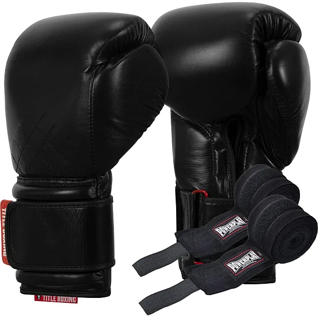 Боксерские перчатки TITLE Boxing Ko-Vert Black (бинты 4м. в комплекте)