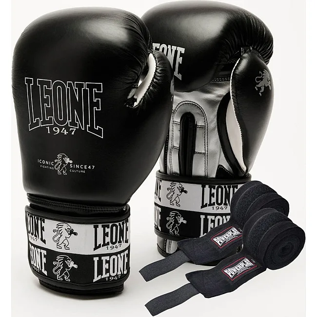 Боксерские перчатки Leone GN208 ICONIC Black (бинты 4м. в комплекте)