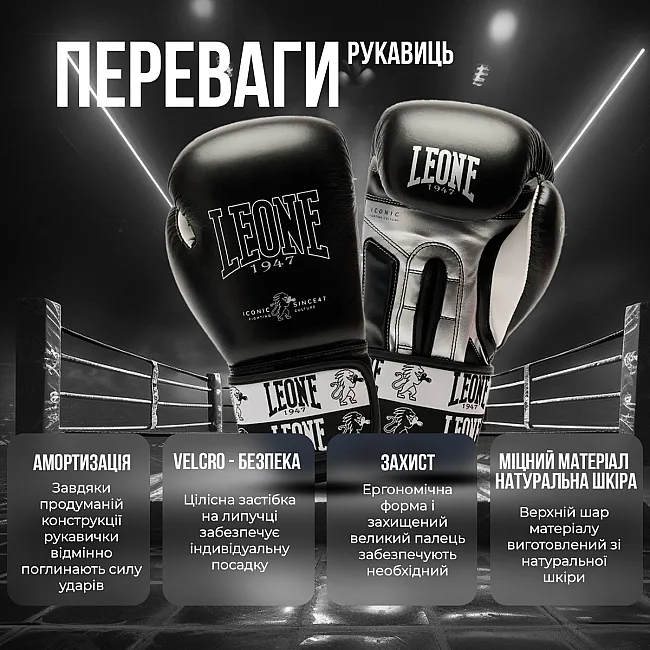 Боксерские перчатки Leone GN208 ICONIC Black (бинты 4м. в комплекте)