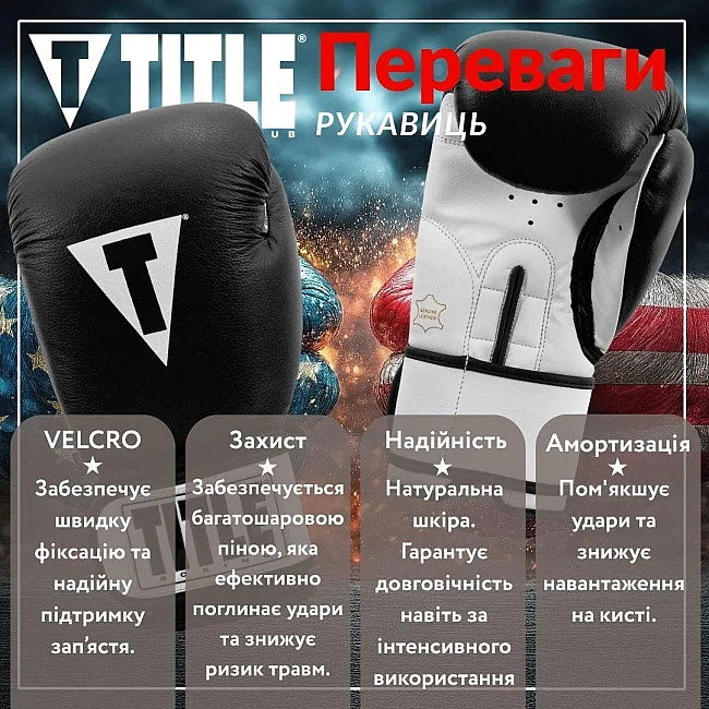 Боксерские перчатки TITLE Premier Leather Black/White (бинты 4м. в комплекте)