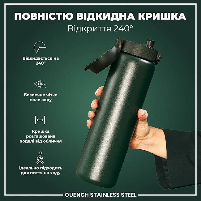 Пляшка для води металева ION8 1200 мл. Stainless Steel , Dark Green