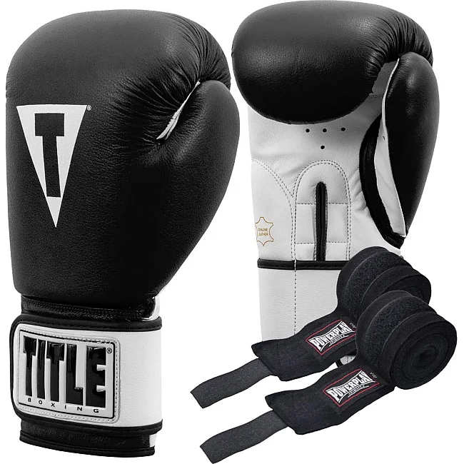 Боксерские перчатки TITLE Premier Leather Black/White (бинты 4м. в комплекте)