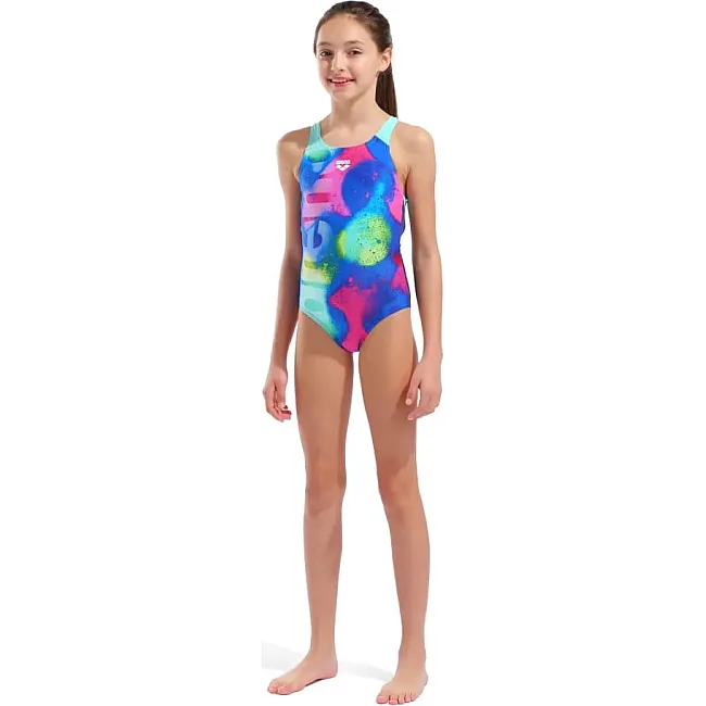 Купальник закрытый для девочек Arena SPRAY PAINT SWIMSUIT SWIM PRO синий, розовый, желтый