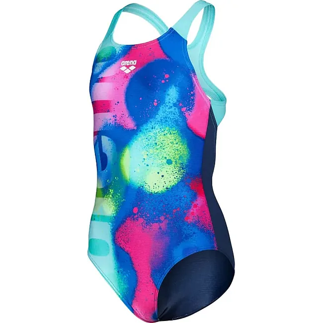 Купальник закрытый для девочек Arena SPRAY PAINT SWIMSUIT SWIM PRO синий, розовый, желтый