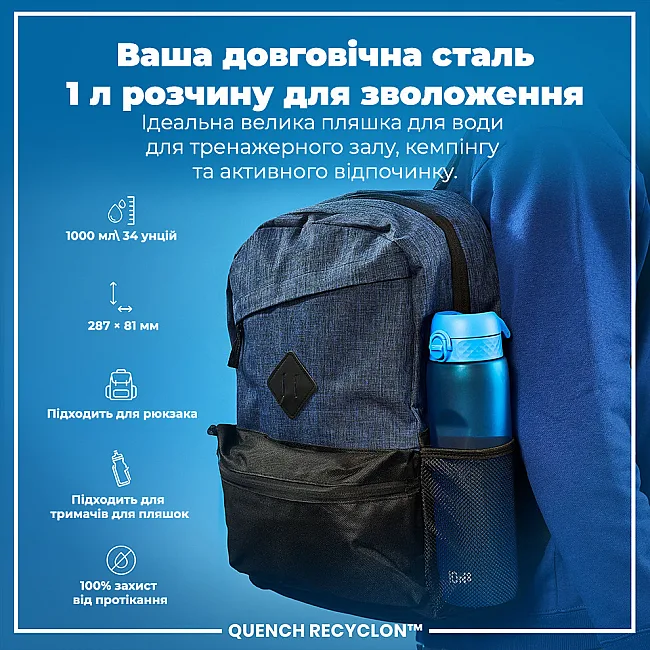 Бутылка для воды ION8 1000мл. (ЭКО бутылка) BPA Free, Blue