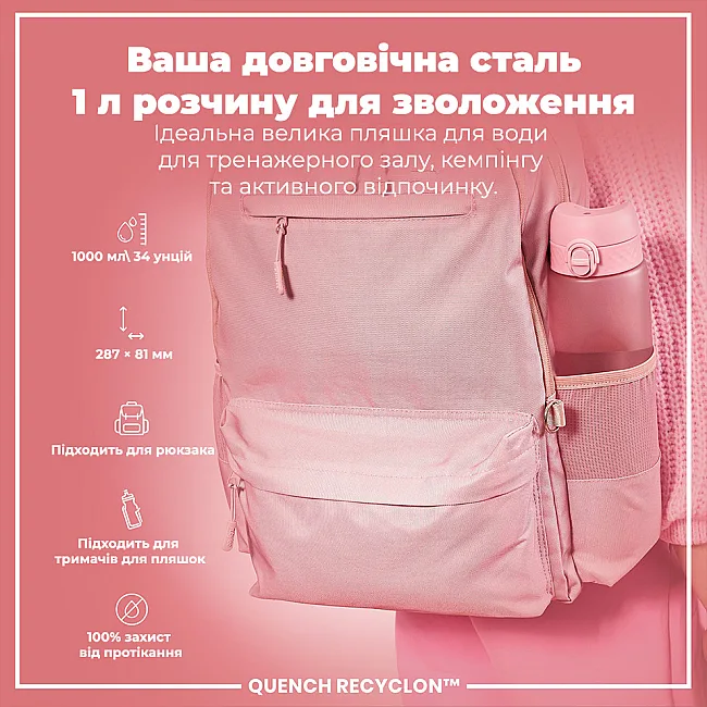 Бутылка для воды ION8 1000мл. (ЭКО бутылка) BPA Free, Rose Quartz
