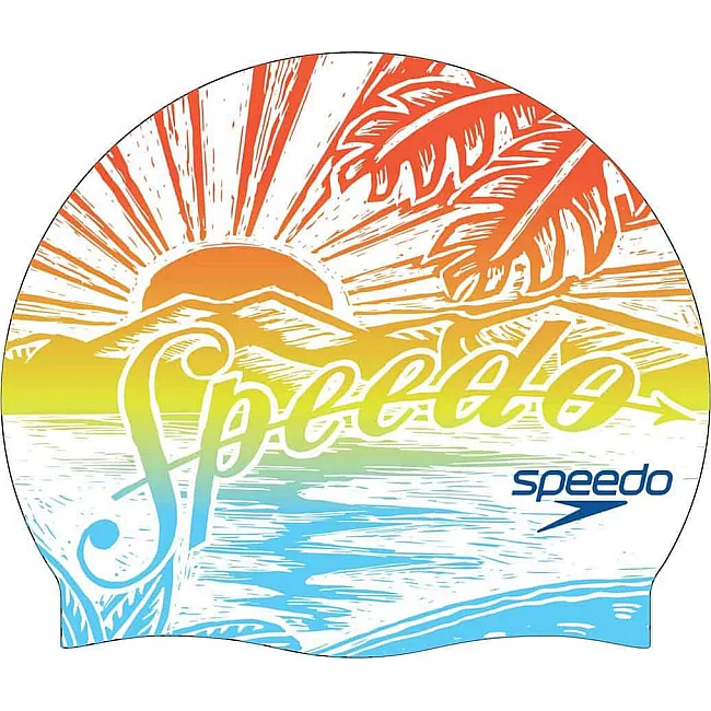Плавательная шапка Speedo SLOGAN PRT CAP AU/AF/AM белый, синий, оранжевый