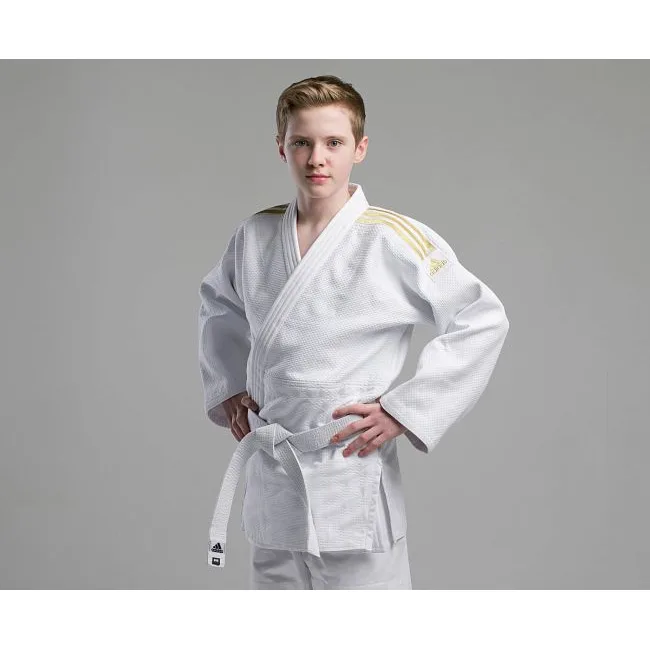 Кимоно для дзюдо Adidas Champion 2 с лицензией IJF (белый/золотые полосы, J-IJF-SMU)