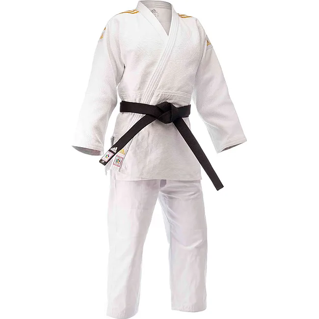 Кимоно для дзюдо Adidas Champion 2 с лицензией IJF (белый/золотые полосы, J-IJF-SMU)