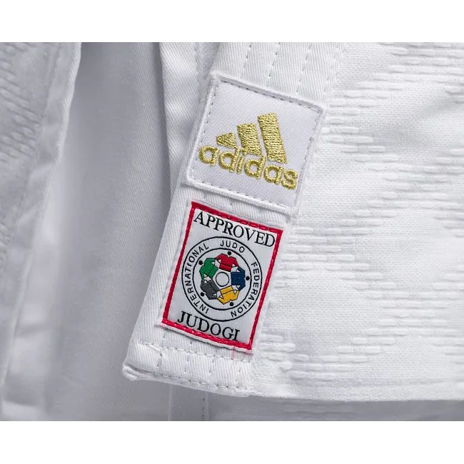 Кимоно для дзюдо Adidas Champion 2 с лицензией IJF (белый/золотые полосы, J-IJF-SMU)