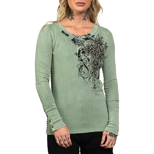 Женский лонгслив AFFLICTION Reverie Henley Pale Green Lava Wash