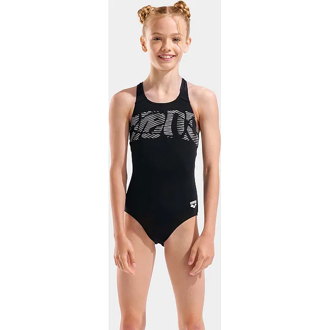 Купальник закрытый для девочек Arena GRAPHIC SWIMSUIT V BACK черный, белый (для детей)