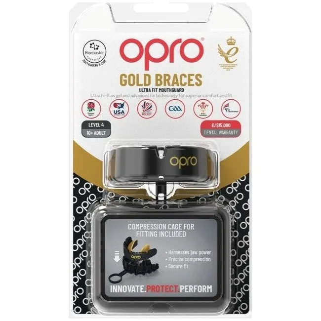 Капа для бокса OPRO Gold Braces под брекеты взрослая (возраст 11+) Blackl/Gold (art.102506001)