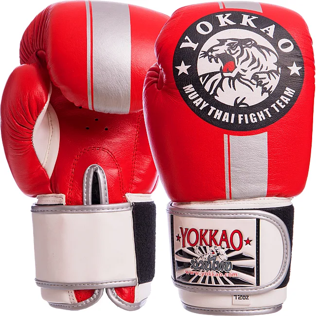 Рукавички для боксу шкіряні YOKKAO YK016 10-16унцій (Червоний-сірий)