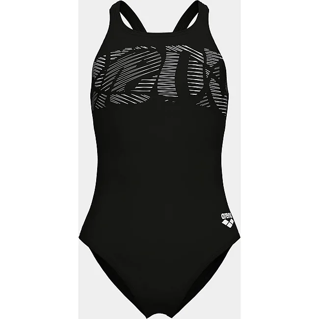 Купальник закрытый для девочек Arena GRAPHIC SWIMSUIT V BACK черный, белый (для детей)