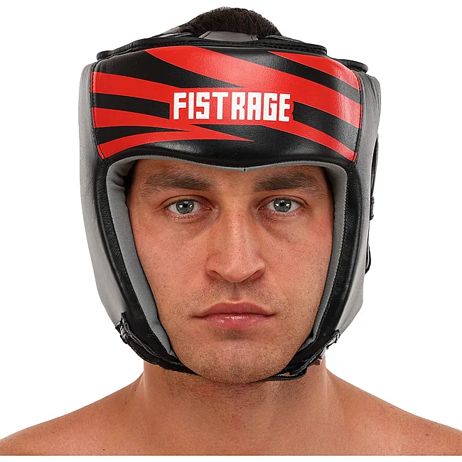Шлем для бокса открытый
 кожаный FISTRAGE RAGE VL-6369 (Черный-красный)