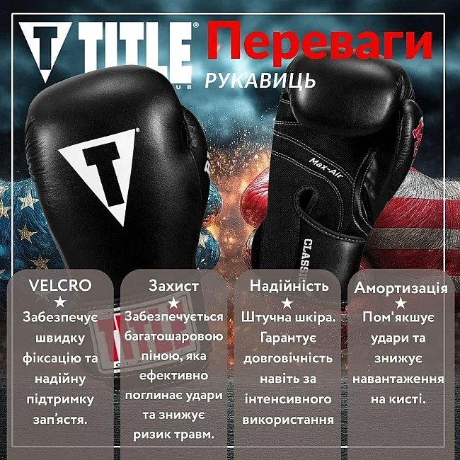 Боксерские перчатки TITLE Classic Black Max Black (бинты 4м. в комплекте)