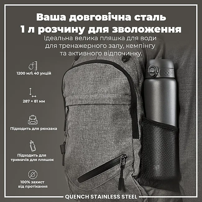 Бутылка для воды металлическая ION8 1200 мл. Stainless Steel , Grey